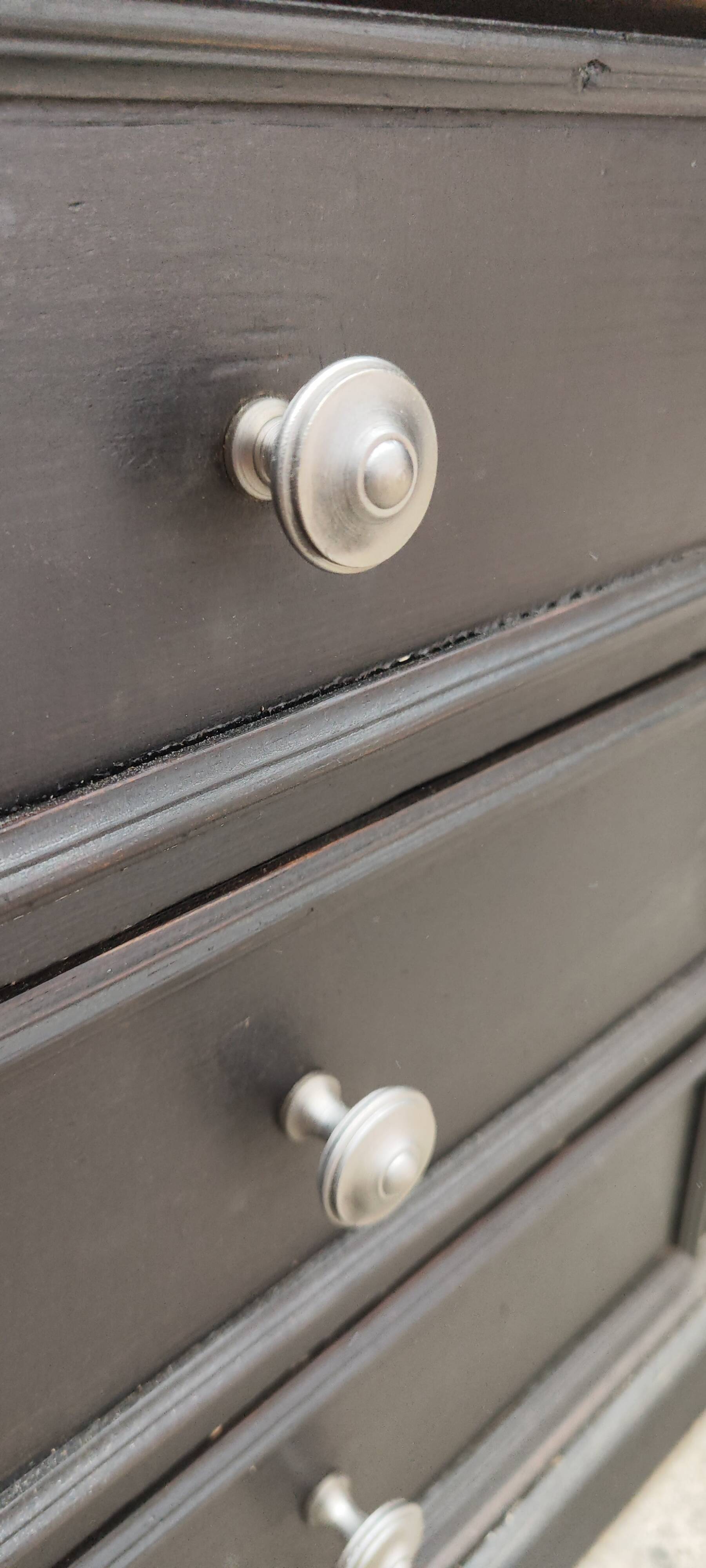 Low TV cabinet with black patina, twelve drawers and one door