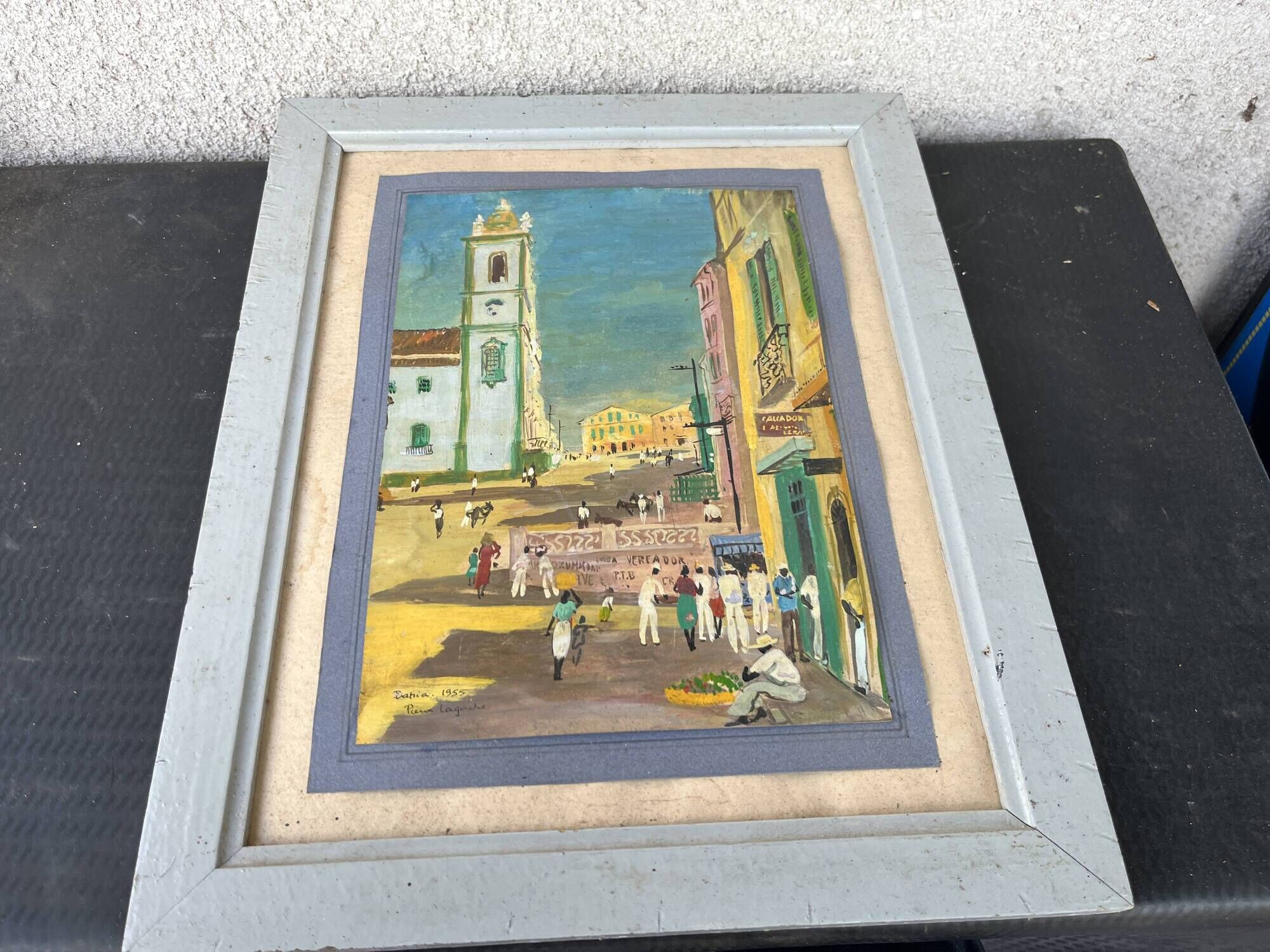 Tableau by Pierre Lagache, street scene in Bahia, Brazil, 1955, signed, framed.