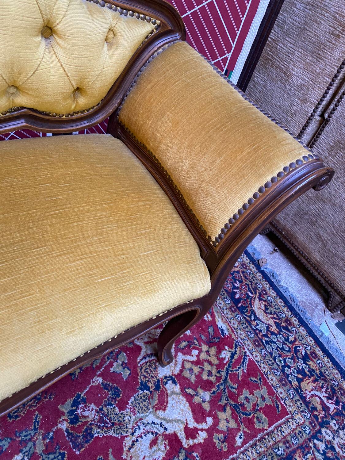 Louis XV style bench upholstered yellow velvet