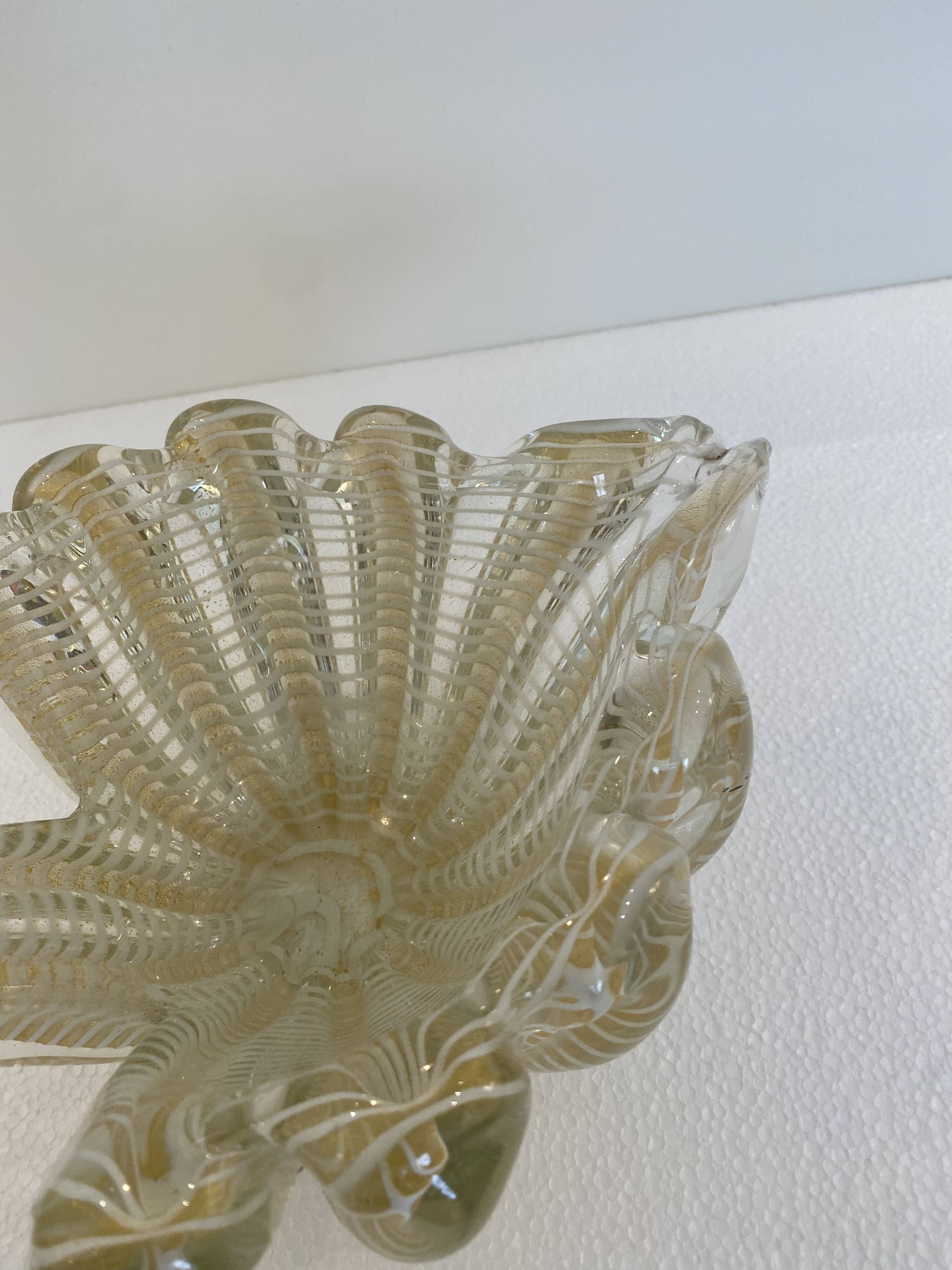 Murano Barovier 'Zebrati' Decor Glass Shell Bowl Hollywood Regency, 1960s