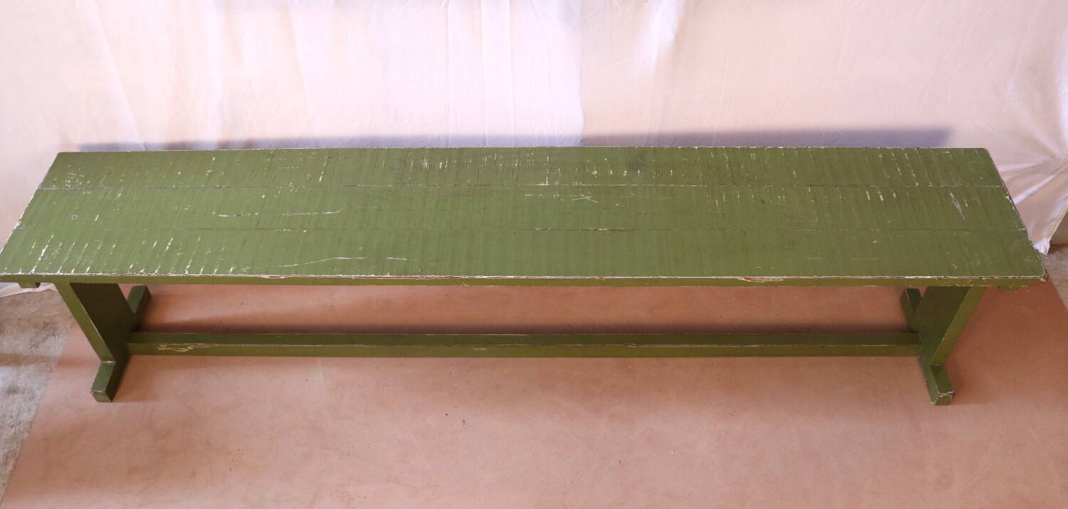 Antique Burmese teak bench with original green patina