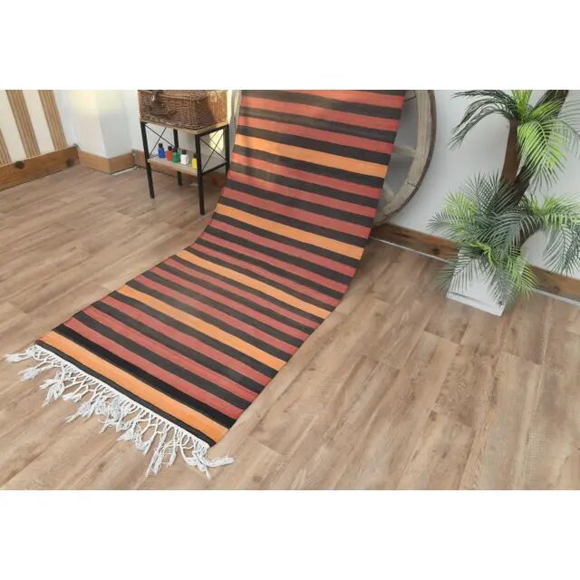 1970s Vintage Turkish Handmade Wool Cotton Red Orange Kilim Rug 93x323