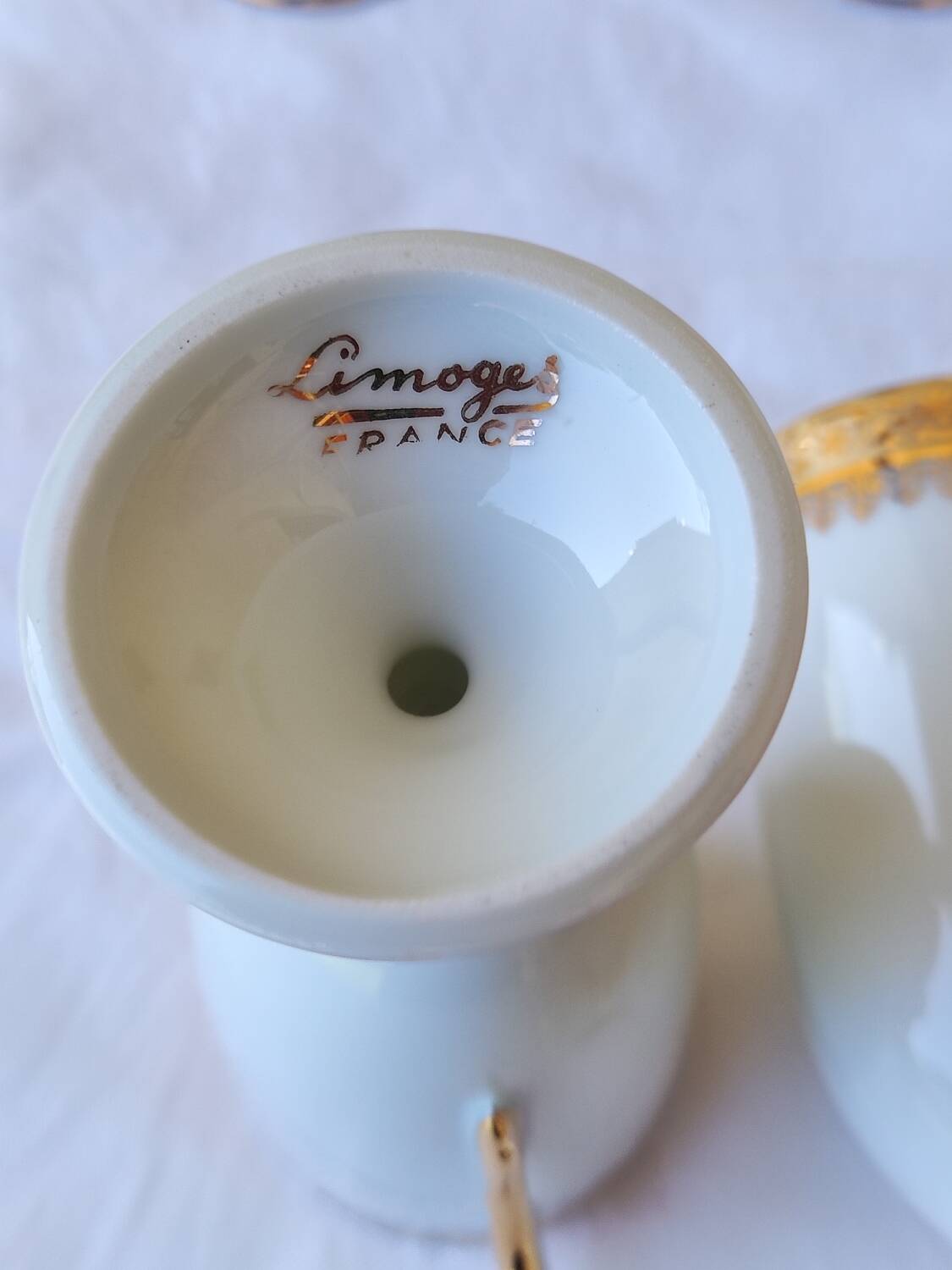 6 tall cups - Empire style - white and gold Limoges porcelain