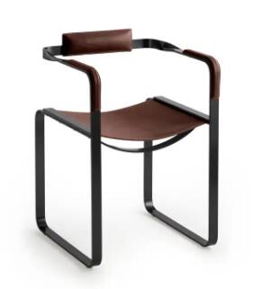 Armchair, smoked black steel and dark brown leather, contemporary design.