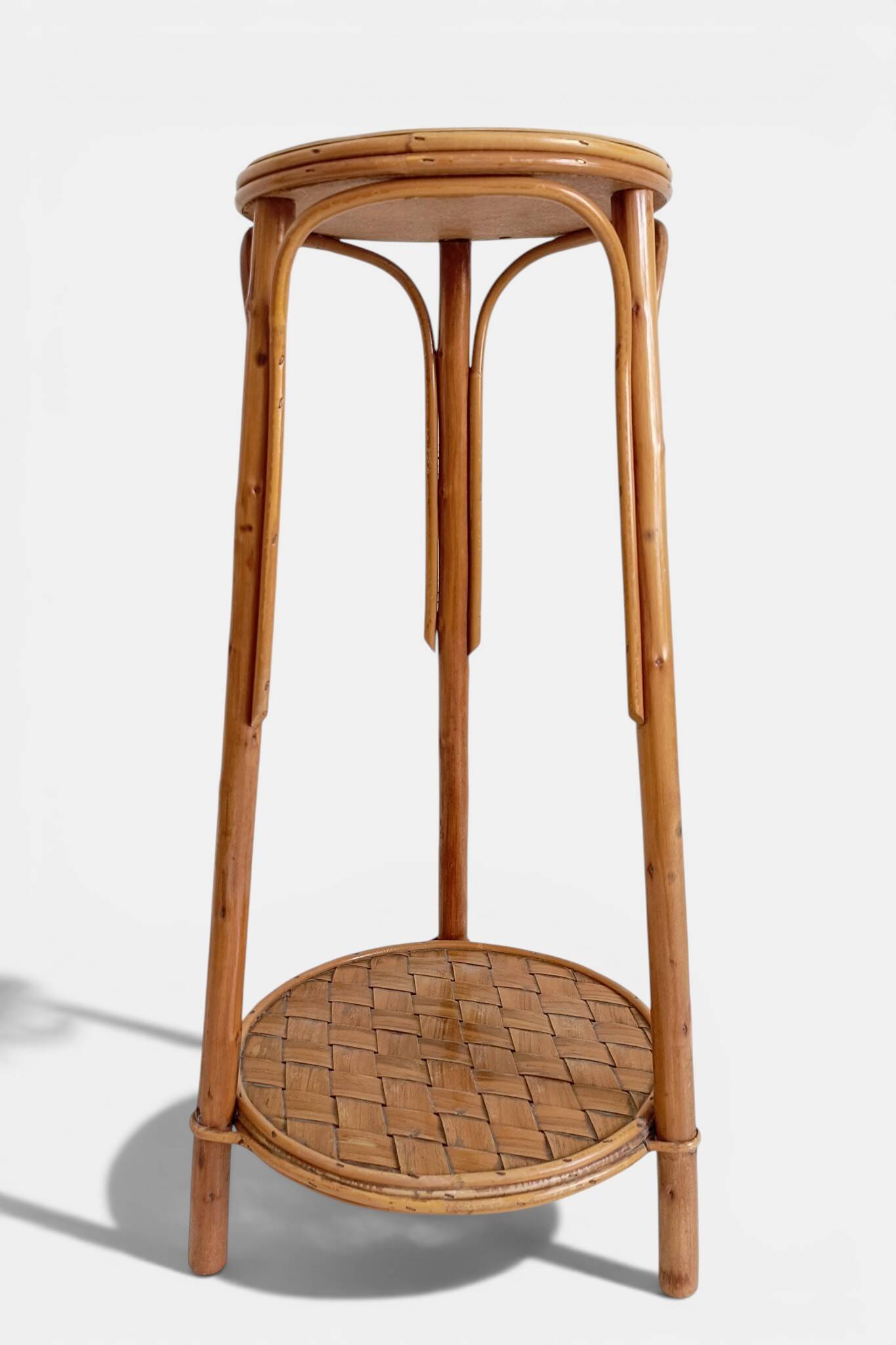 Table d'appoint, support à plante en bois, bambou et roseau, années 1960