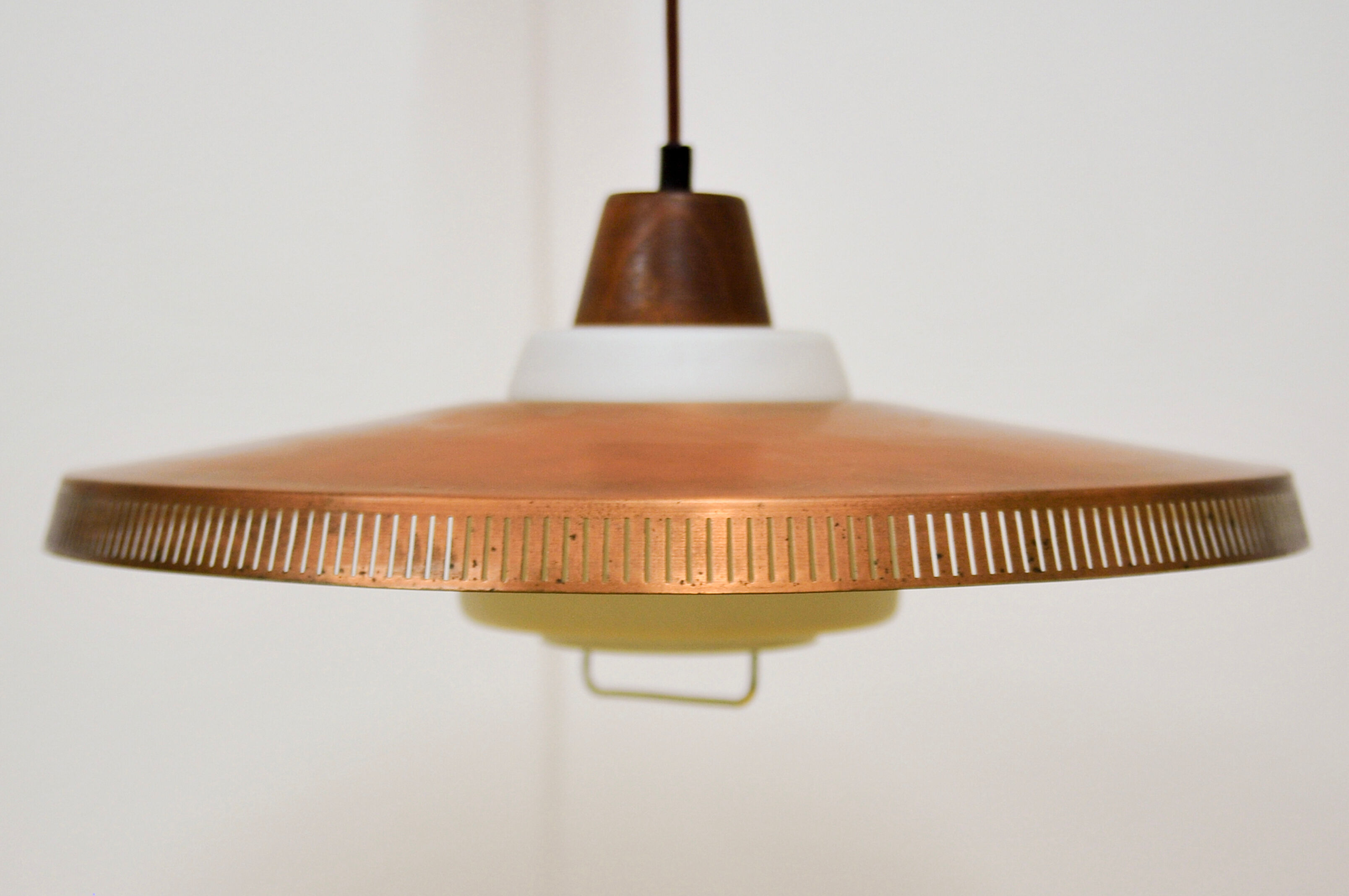 Copper milk glass & teak hanging lamp bent karlby for lyfa