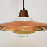 Lampe suspendue en verre, en cuivre et en teck Bent Karlby pour Lyfa