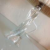 Pair of twisted glass foot bedside lamps and wool/vintage 60s and 70s lampshades