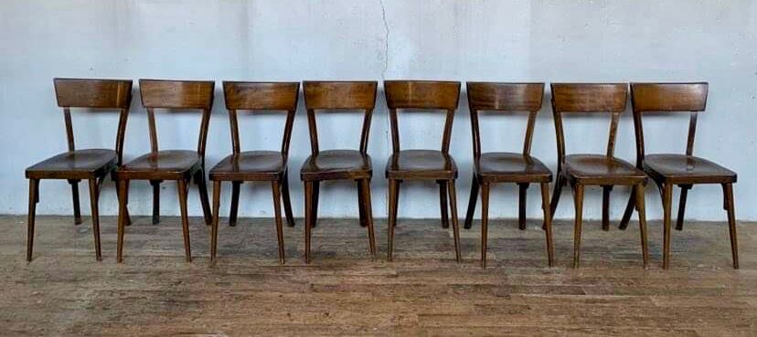 Set of 8 old wooden bistro chairs