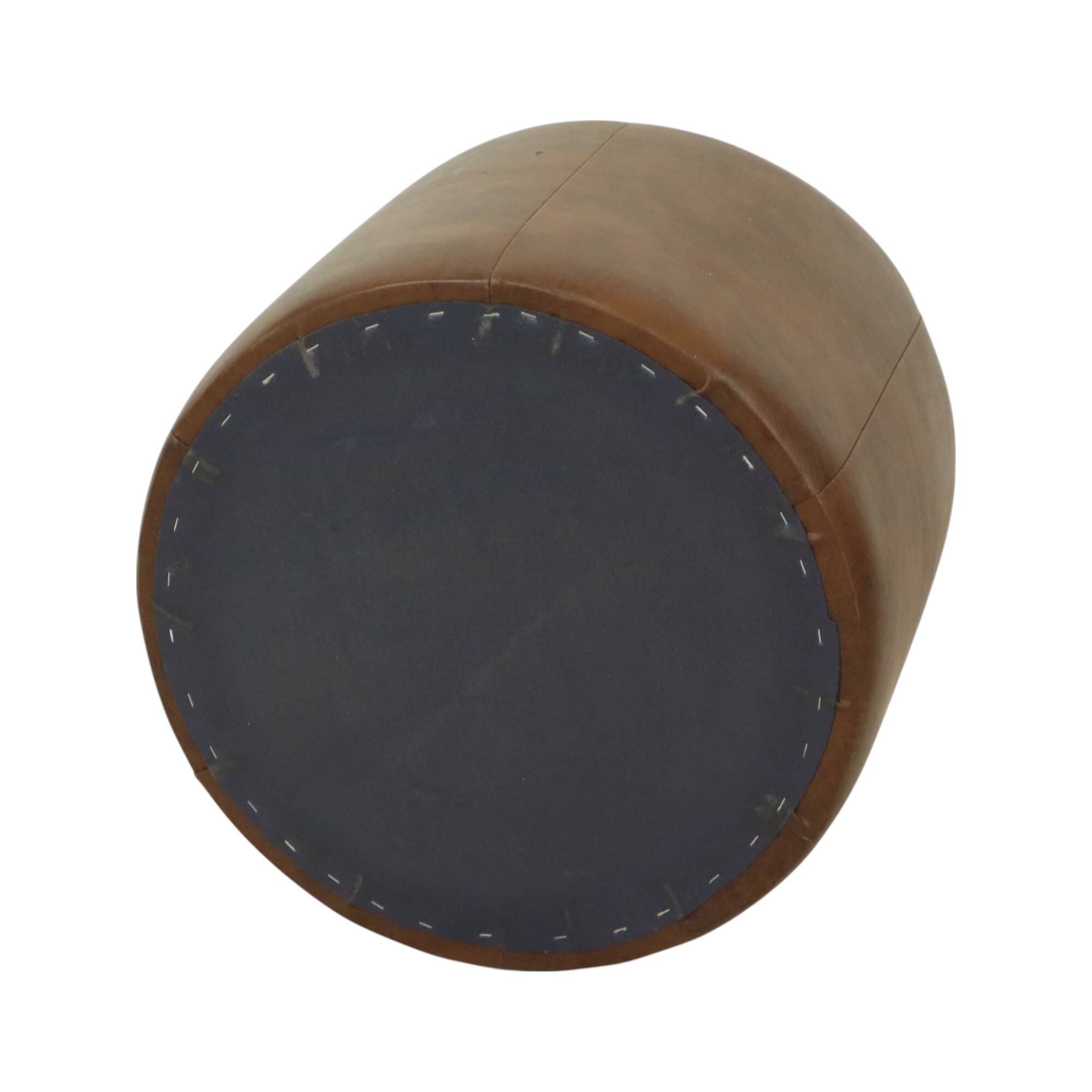 Pouf rond vintage en bois et cuir skaï marron patchwork années 60