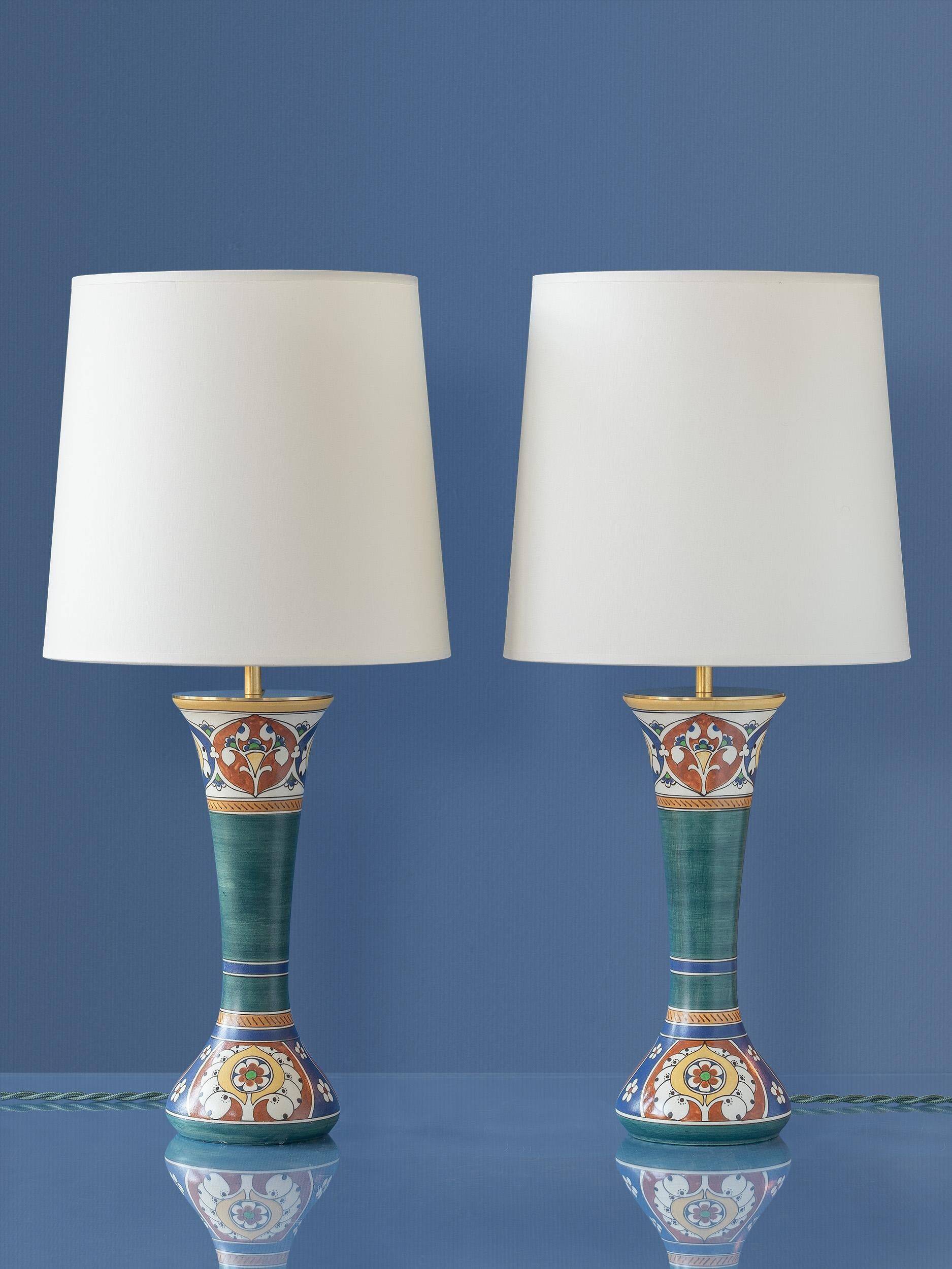 Pair of hand-painted ceramic table lamps in Dutch Art Nouveau–Art Deco style, 1910–1917.