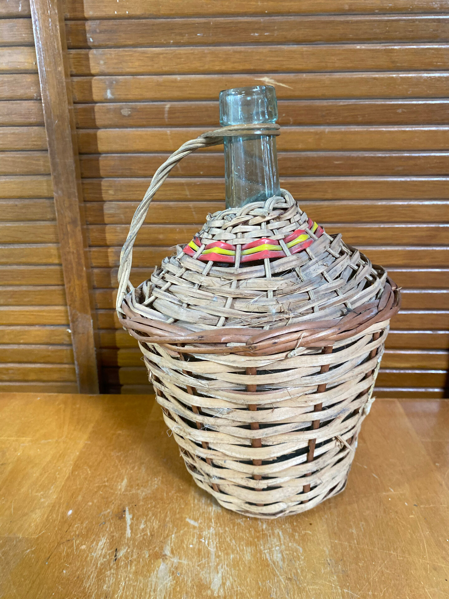Old Dame Jeanne Bottle Glass + Woven Rattan Vintage #E527