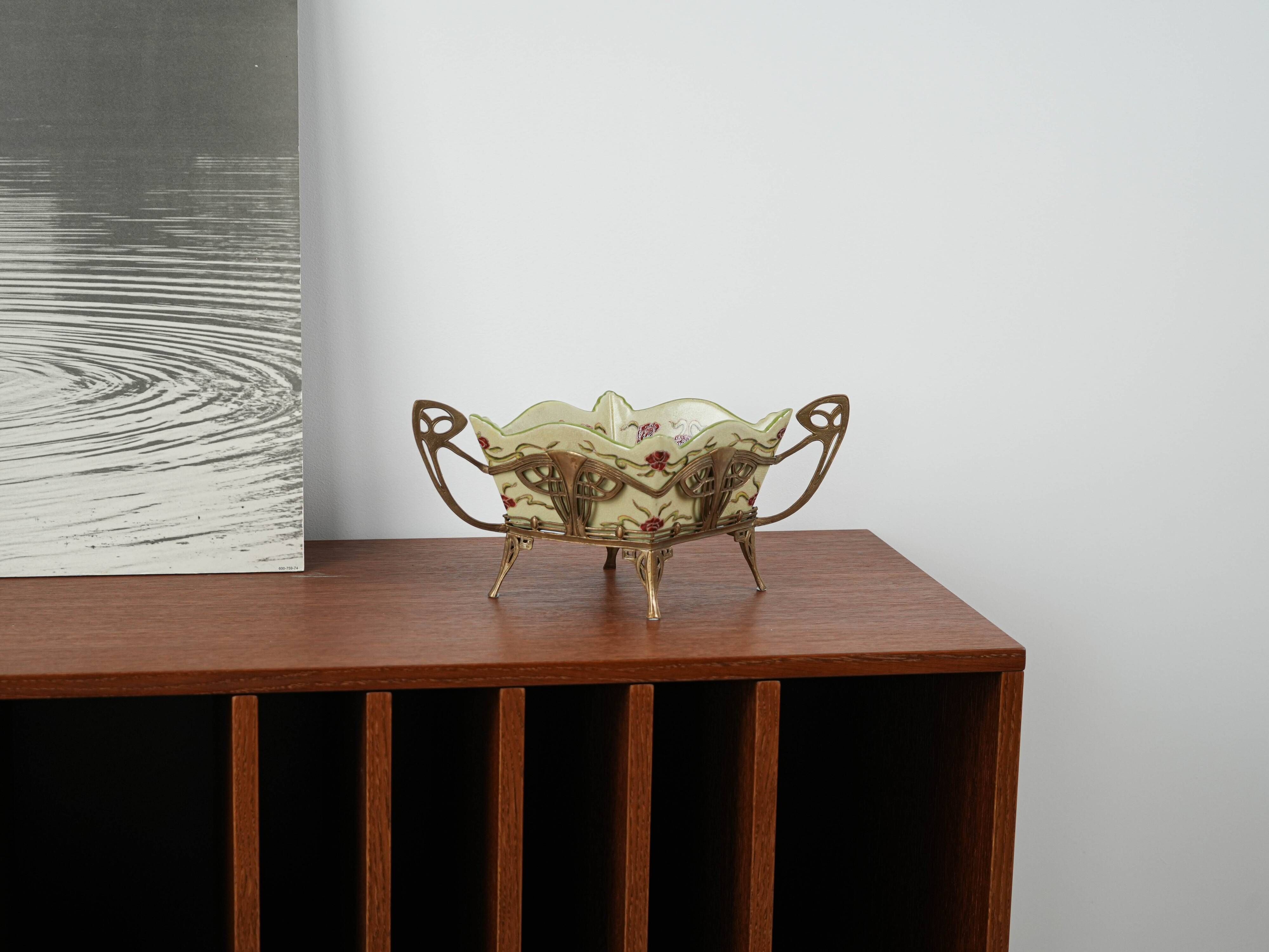 Art Nouveau platter with ceramic insert in ornamental metal frame, European craftsmanship