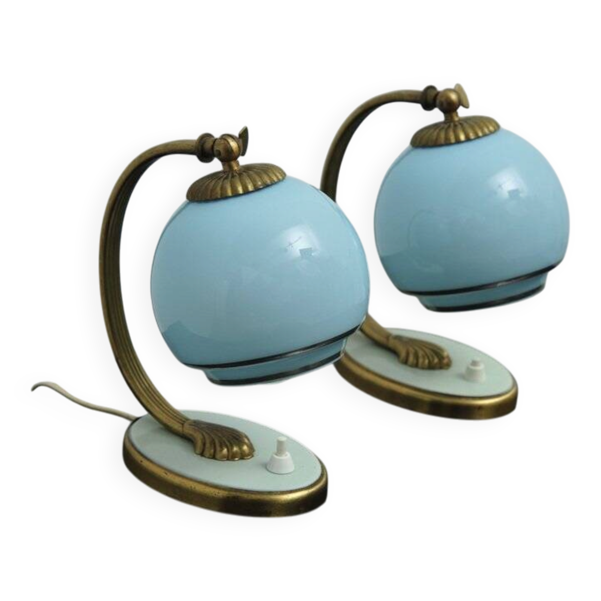 Set of 2x Bedside lamps with blue glass and bronze feet, 1930s