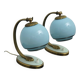 Set of 2x Bedside lamps with blue glass and bronze feet, 1930s