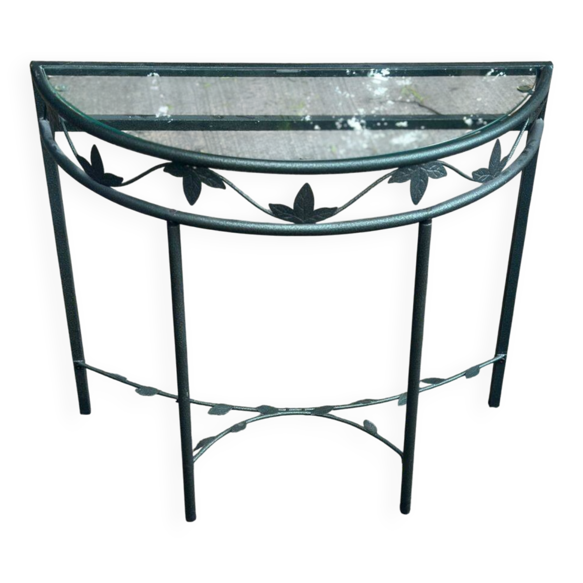 Grey-green wrought iron half-moon console with glass, 85cm.