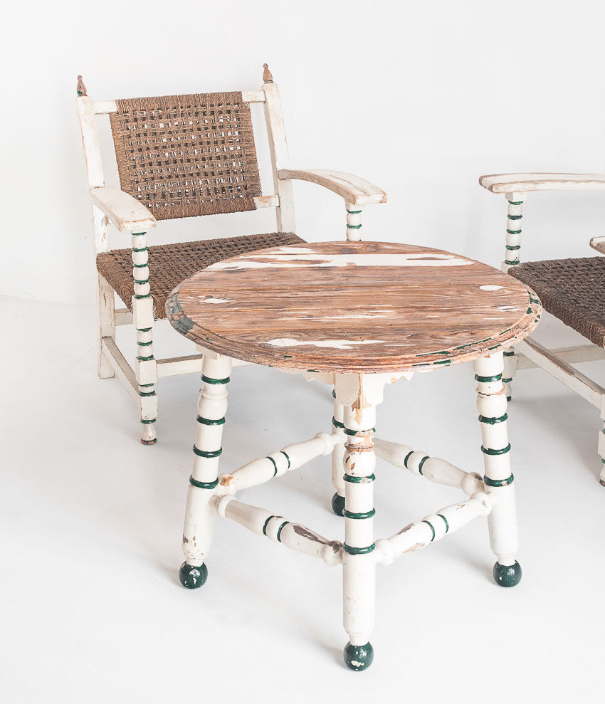 Set of vintage wooden and woven rope armchairs with a matching table. Spain, 1960s.