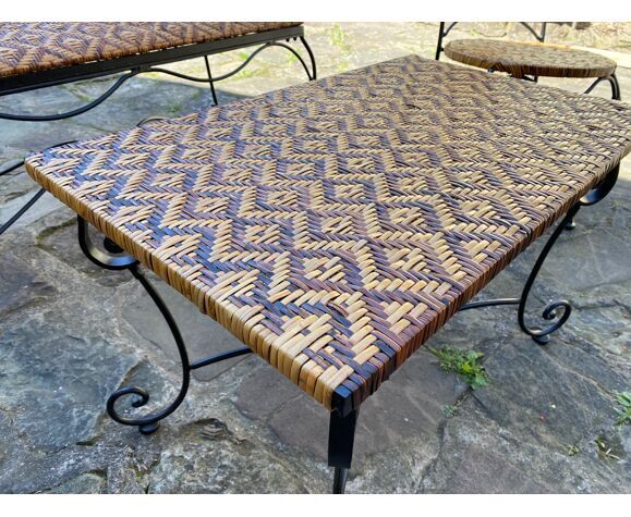 Set of vintage garden furniture sofa wrought iron and wicker, chairs & coffee table vintage 1980