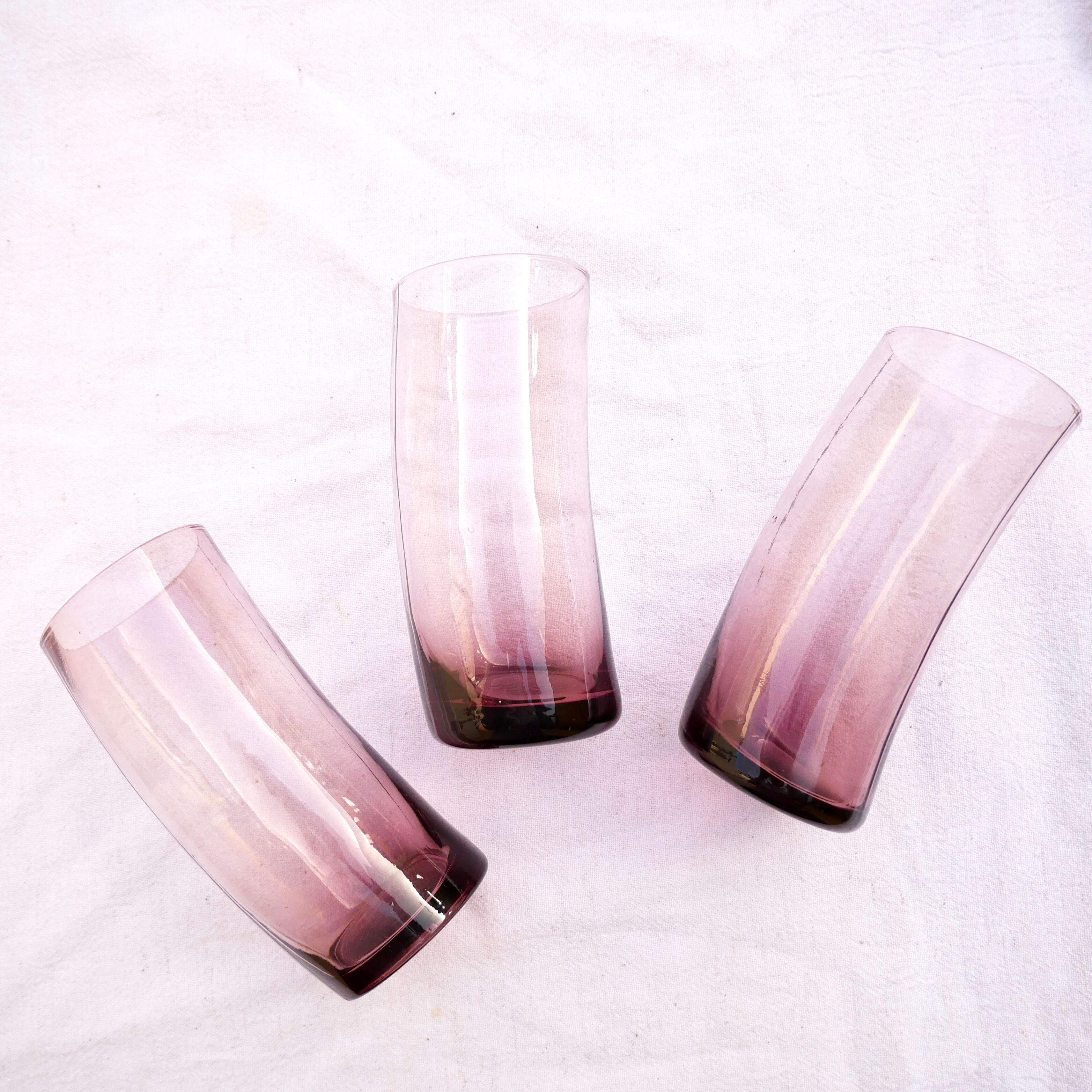 Set of 3 bent purple water glasses