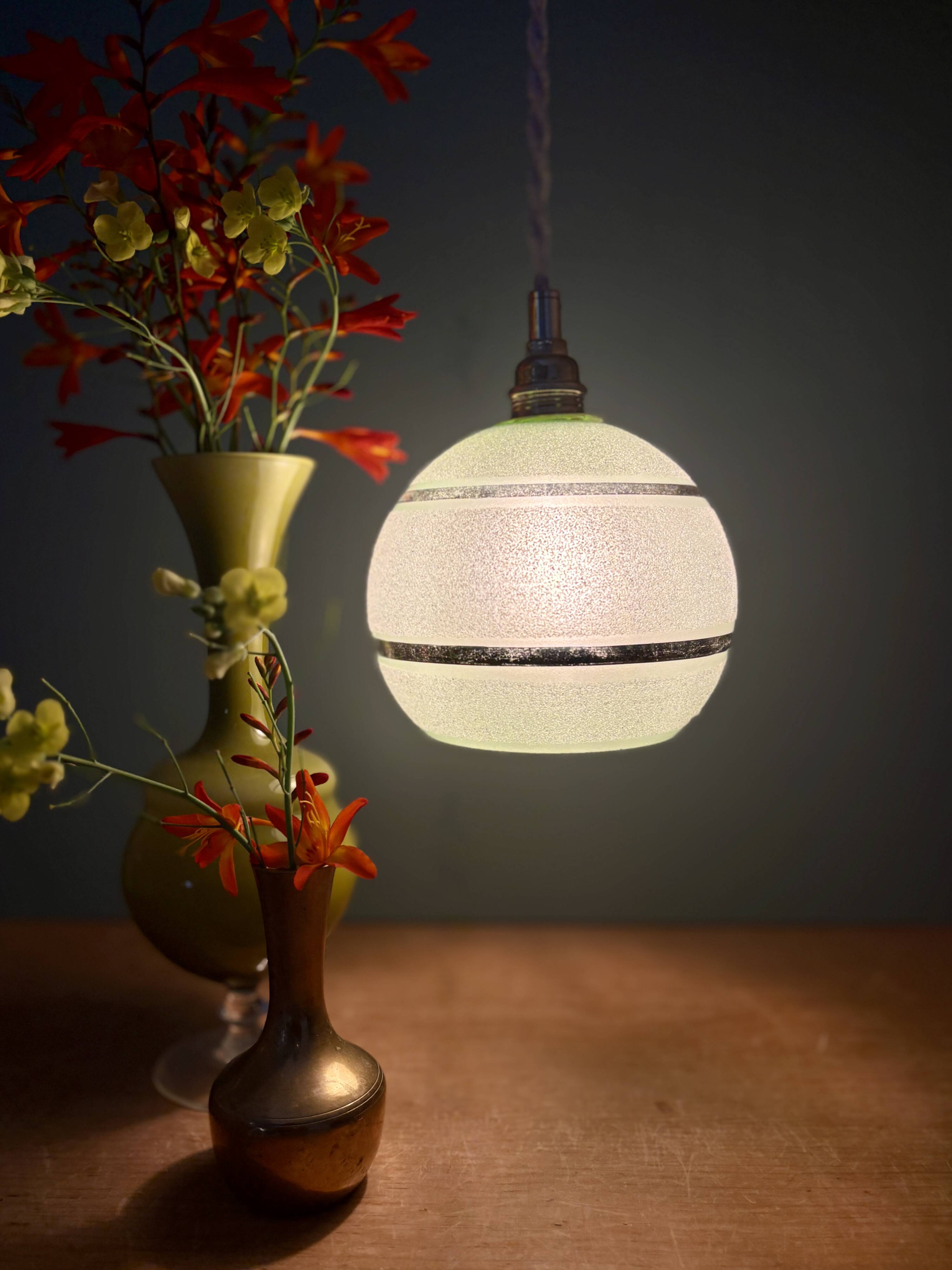 Vintage globe pendant light in green and gold granite glass