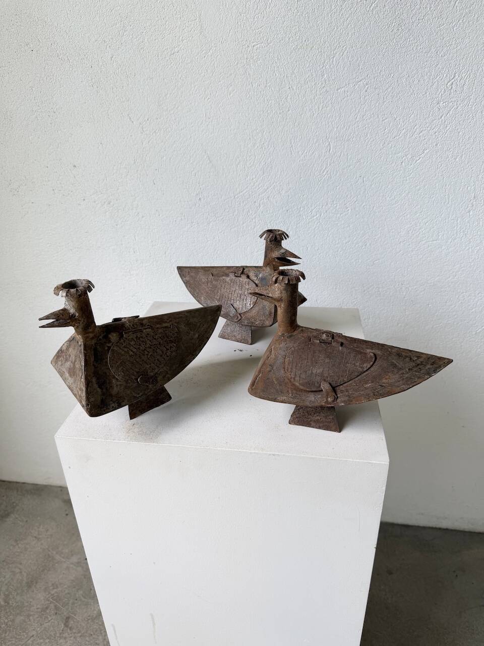 Series of three brutalist Folk Art candle holders