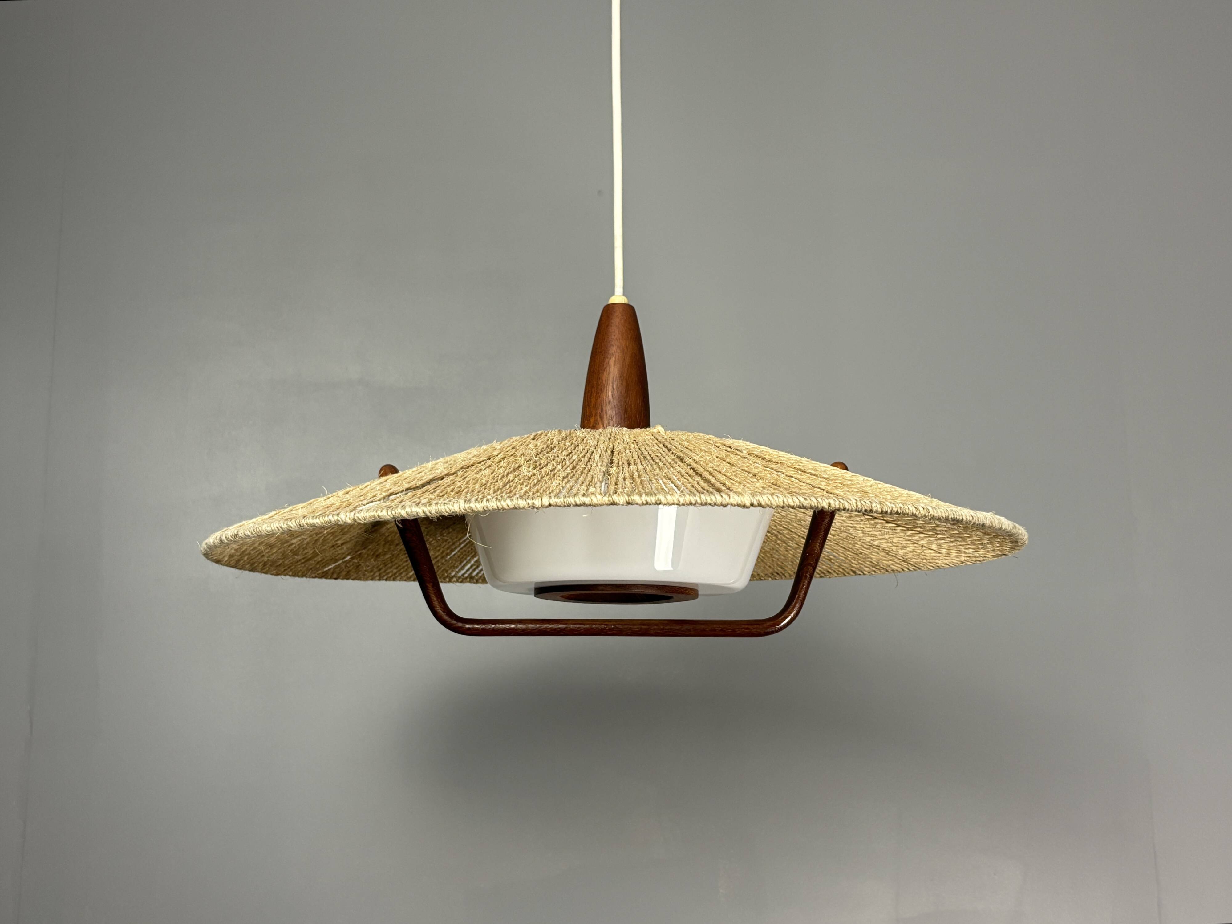 Large Mid-Century Teak and Sisal Cord Hanging Pendant by Temde Leuchten,60s