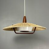 Large Mid-Century Teak and Sisal Cord Hanging Pendant by Temde Leuchten,60s