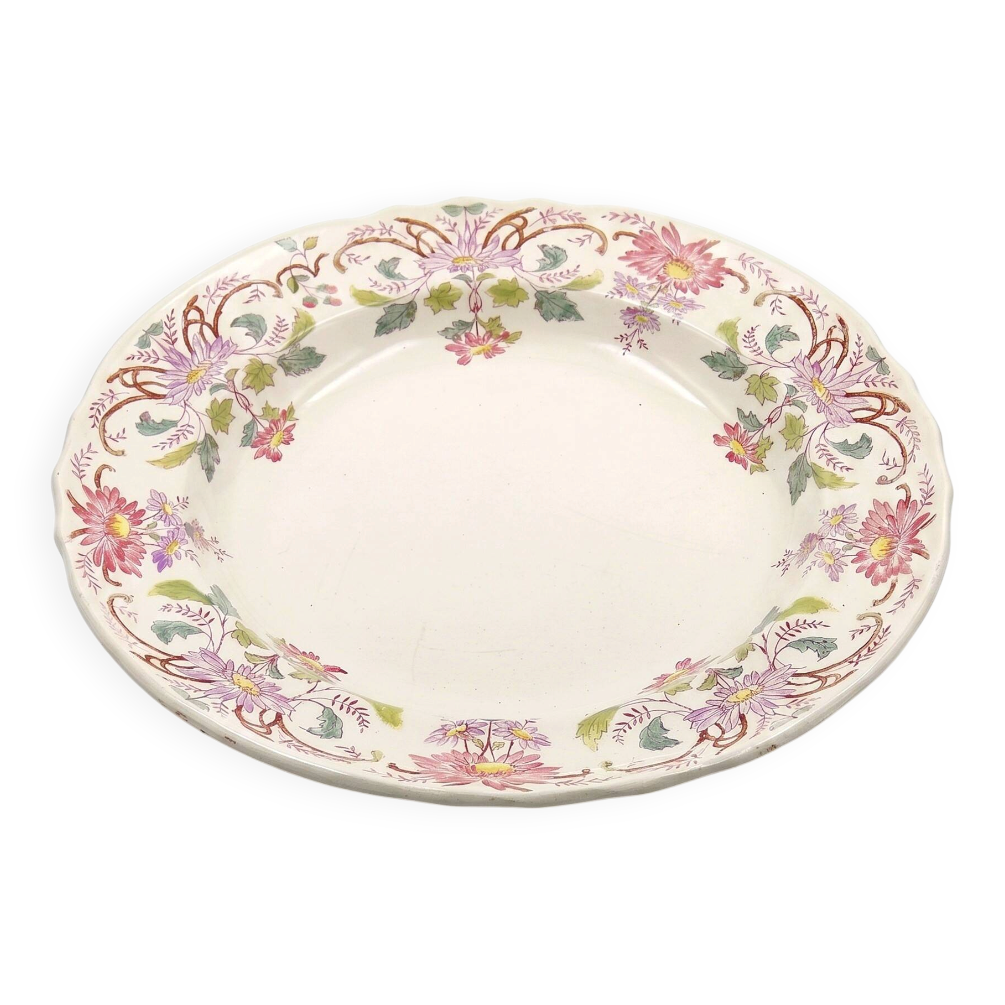 Antique Longchamp service shallow dish with polychrome daisies, ironstone, 19th century.