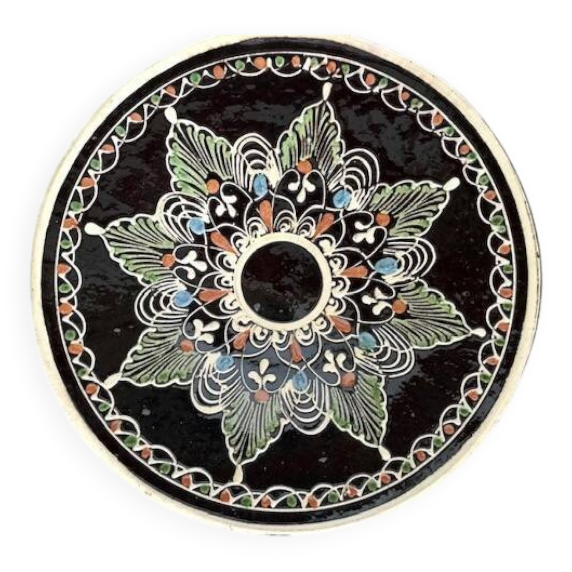 Vintage terracotta dish with enamelled geometric decoration, 20th century