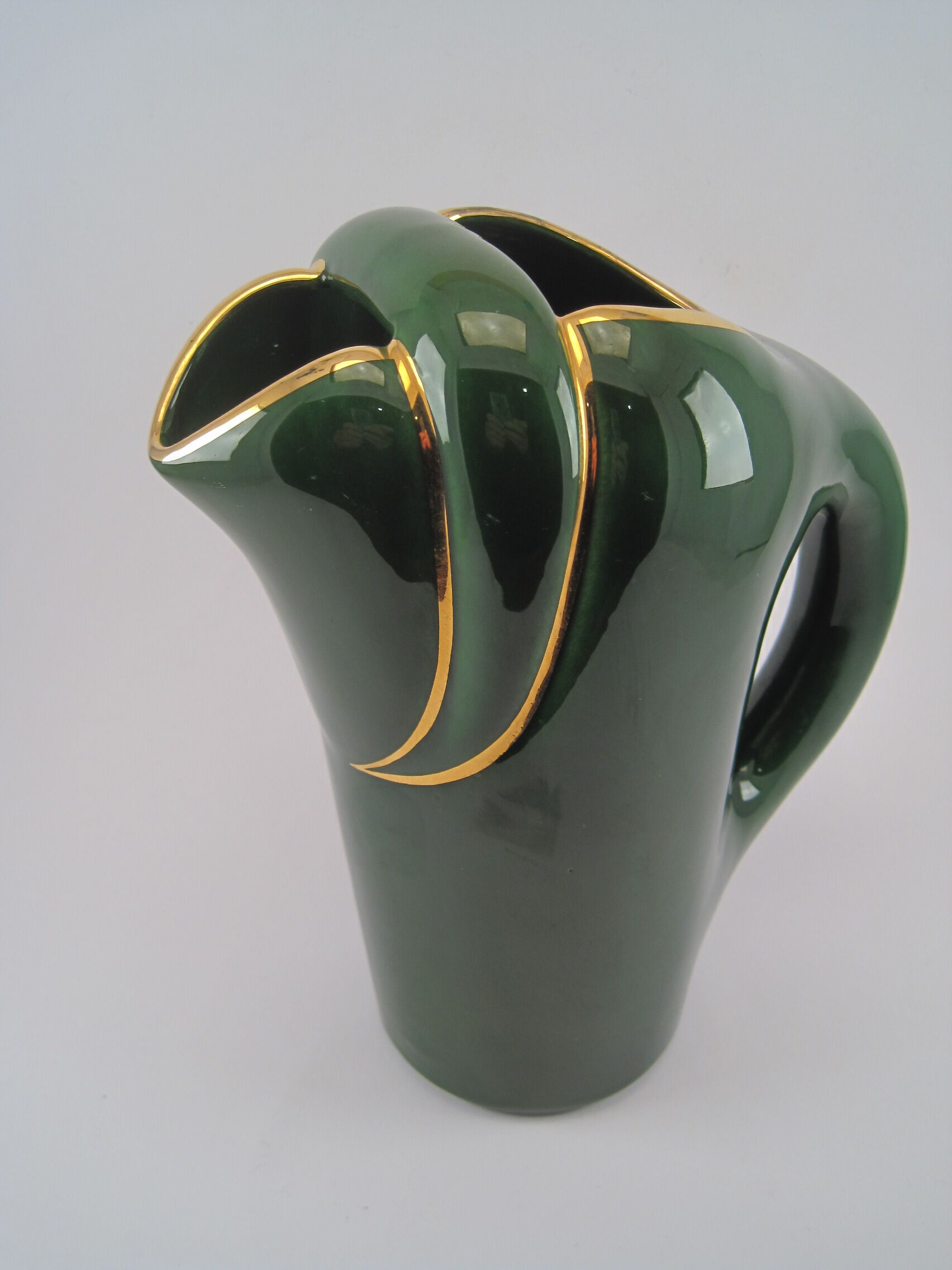 Modernist pitcher in green and gold glazed ceramic, brand MAGDALITHE MADE IN FRANCE around 1950 1