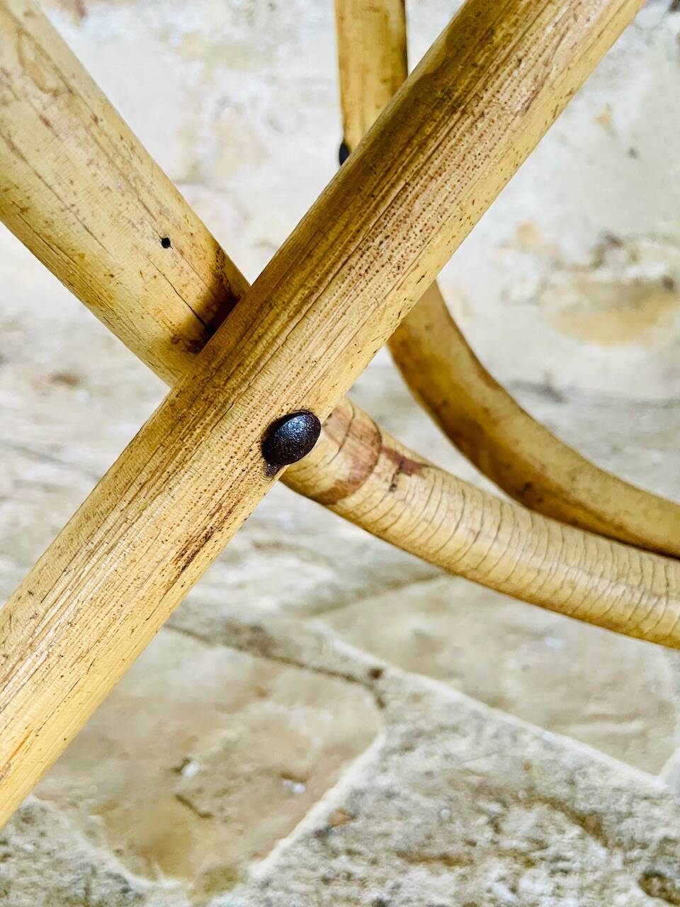 Round bamboo and rattan coffee table with glass top, circa 1960s