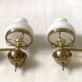 Pair of antique brass and opaline wall lights