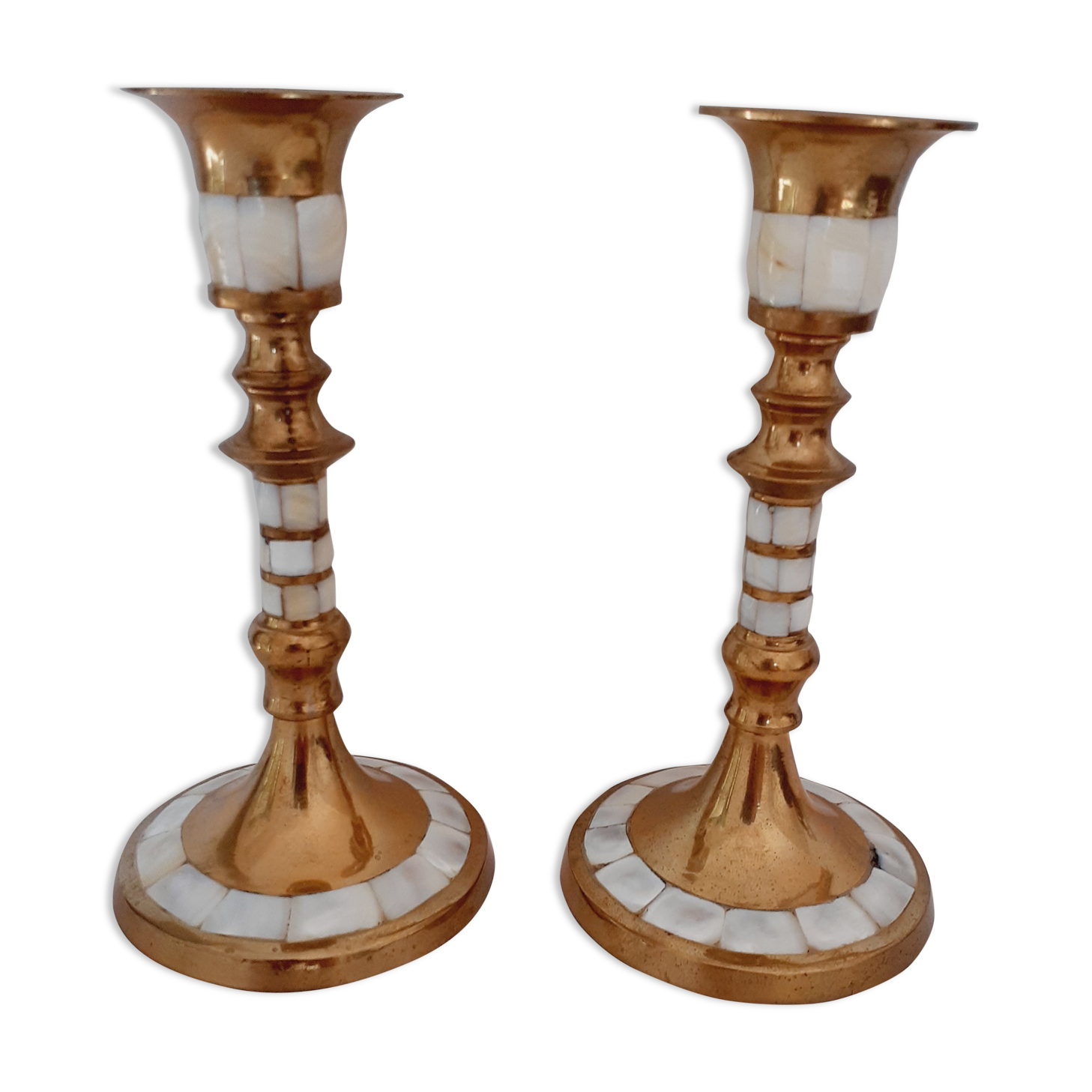 Pair of golden brass and mother-of-pearl candle holders