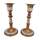 Pair of golden brass and mother-of-pearl candle holders