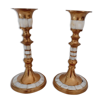Pair of golden brass and mother-of-pearl candle holders