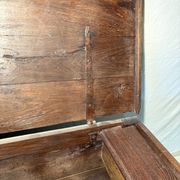Rustic antique oak chest, original fittings and moulded panels.