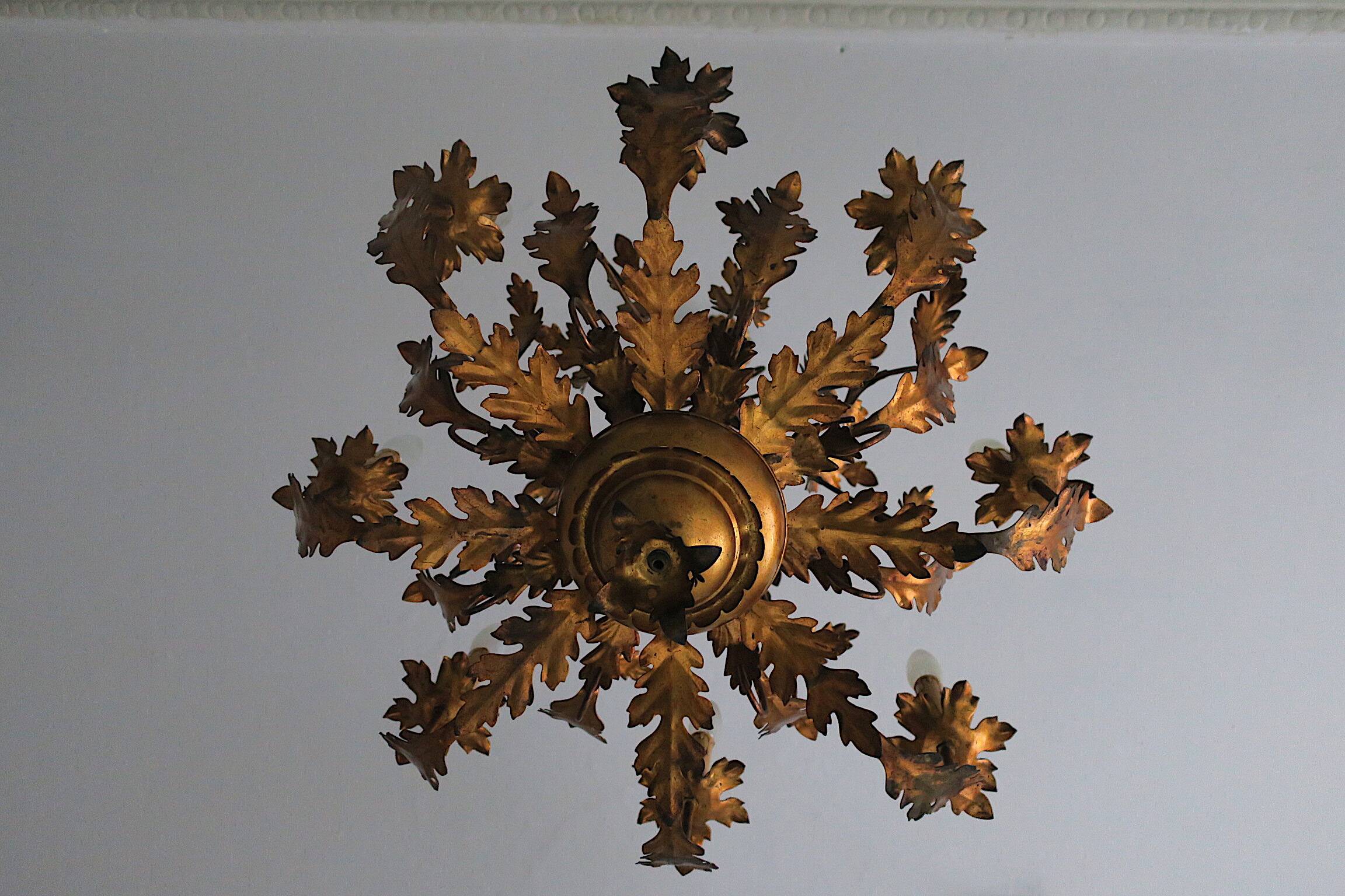 Large mid century gilt tole 8-light chandelier by hans Kögl, 1960s