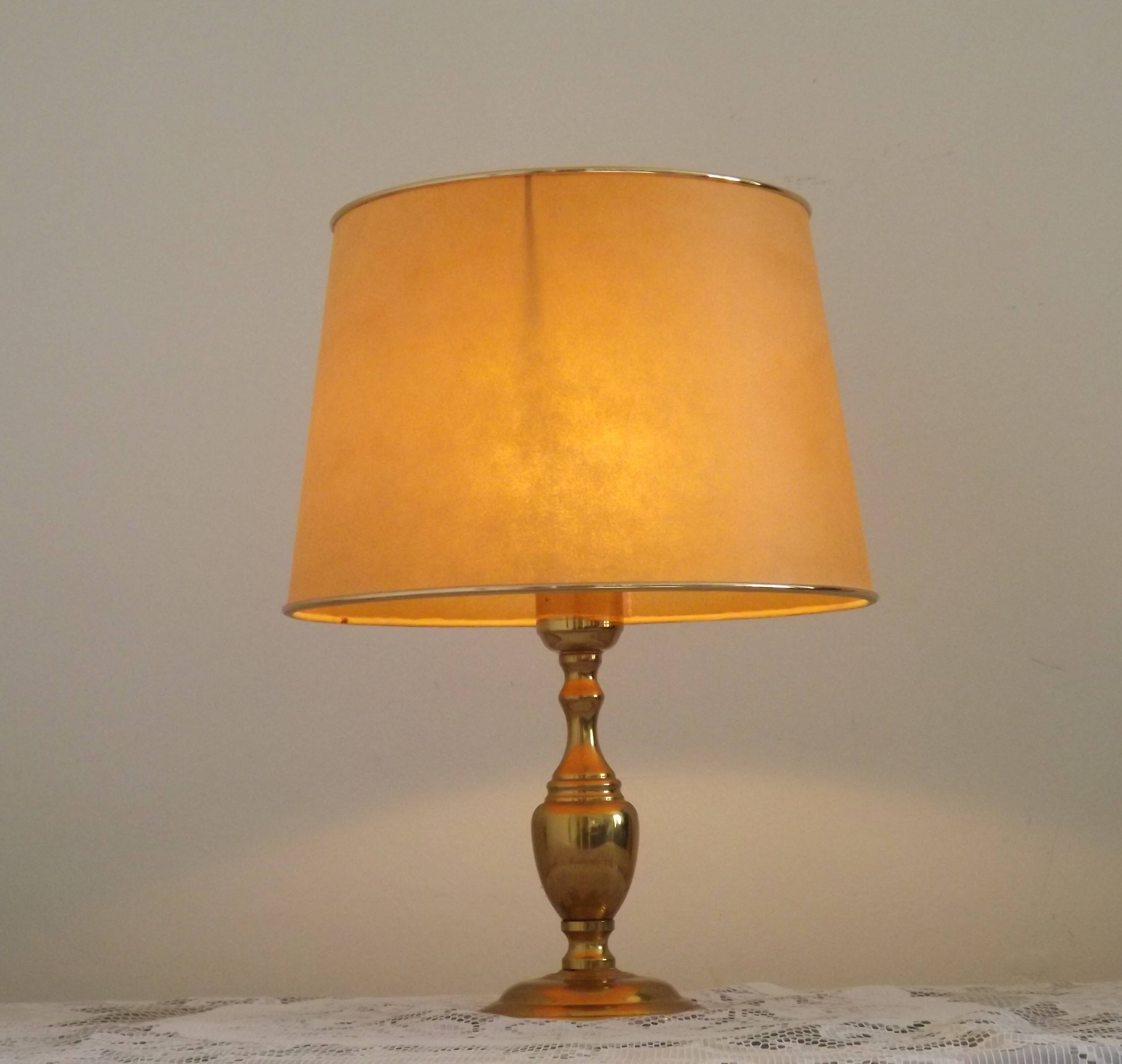Vintage French Round Brass Table Lamp With Beige and Gold Shade