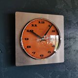 Vintage formica clock square silent wall pendulum "BC Paris silver orange"