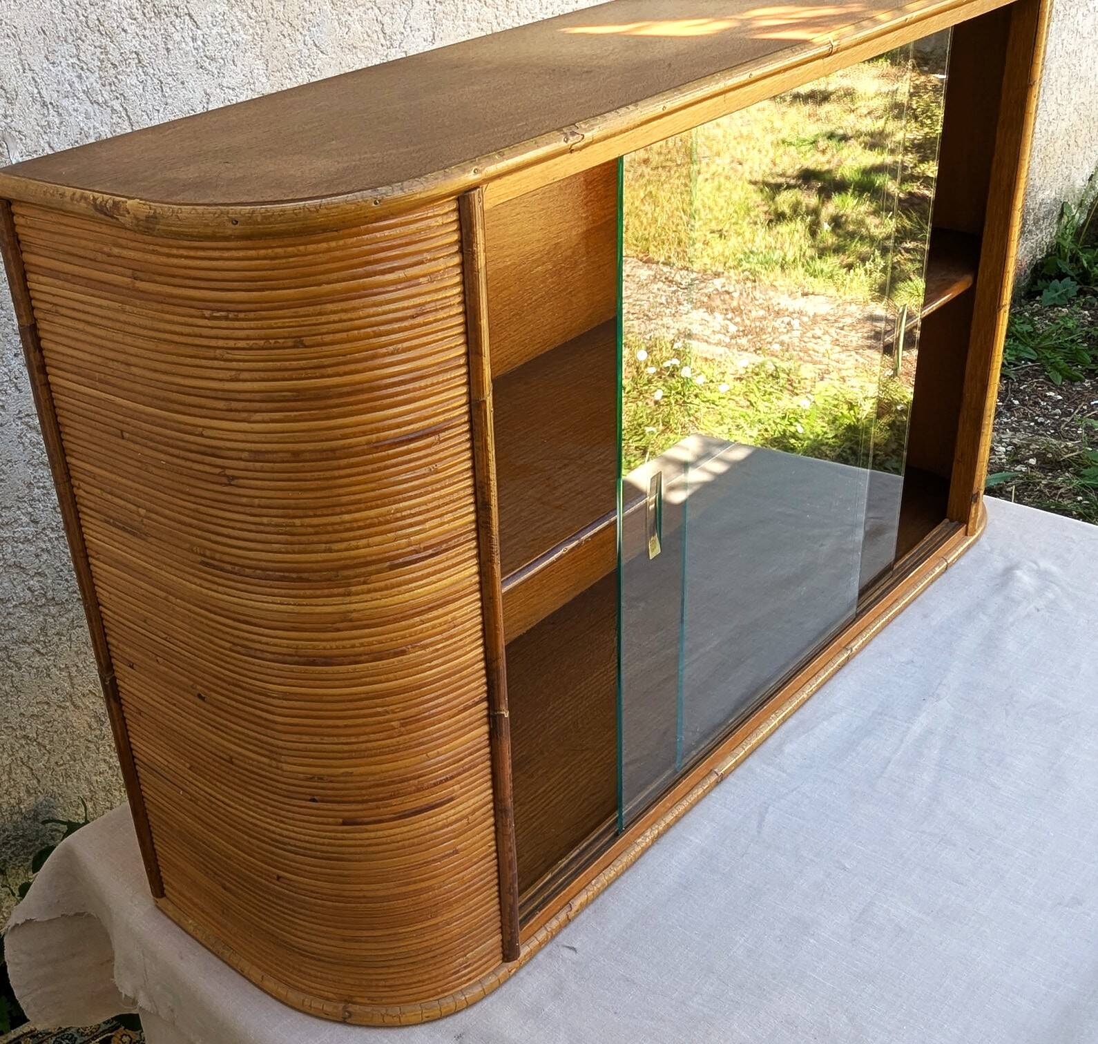 Vintage Glass Wall Shelf in Wood and Rattan, Rounded Corners