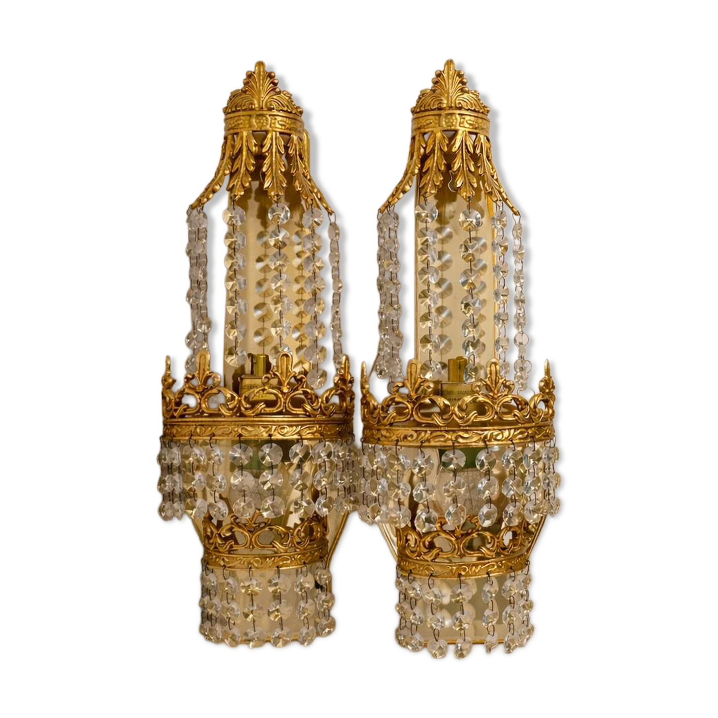 Vintage Wall Lamps Brass Crystal - Hollywood Regency Mid Century Set of 2
