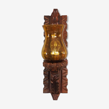 Wall sconce wooden and yellow glass tulip globe