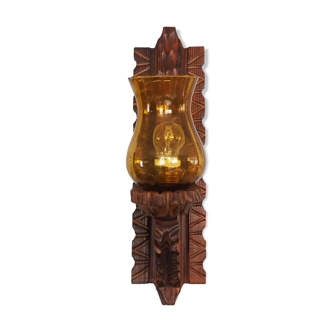 Wall sconce wooden and yellow glass tulip globe