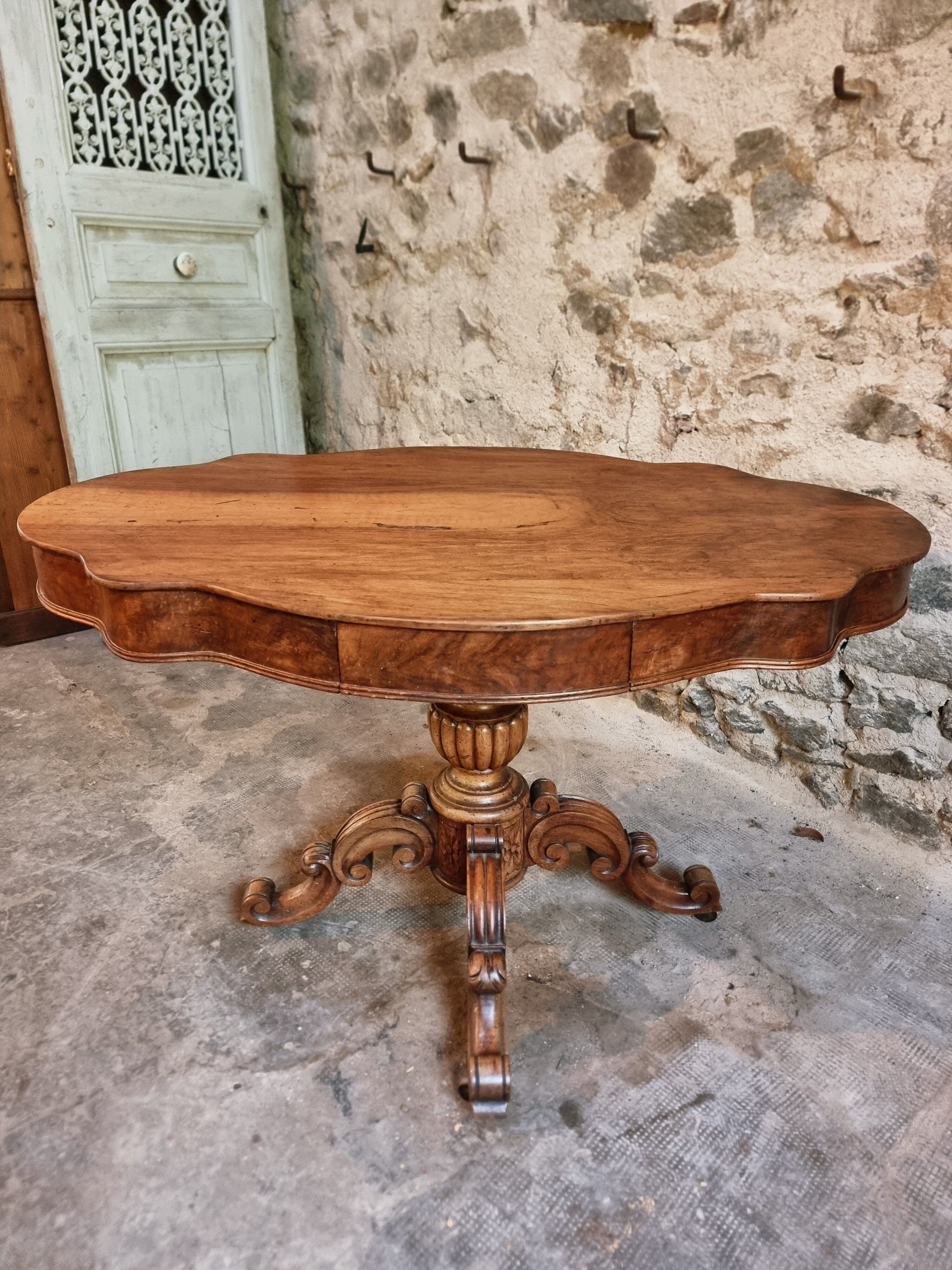 French antique walnut violin table, centre table with drawer, circa 1880–1900.