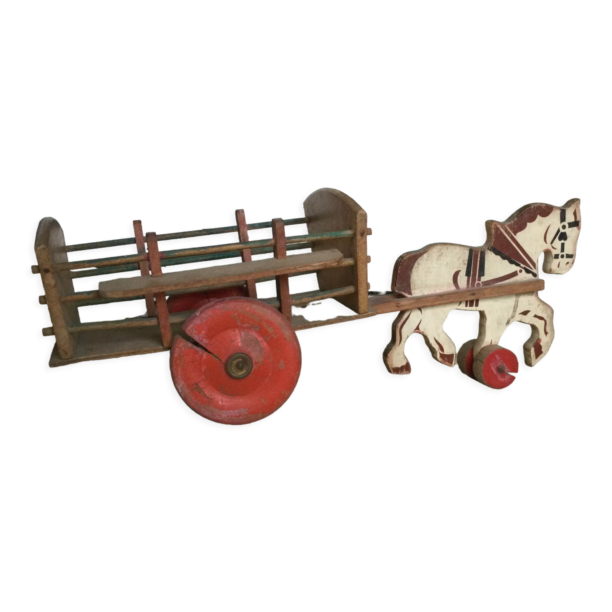Cheval avec chariot ancien en bois
