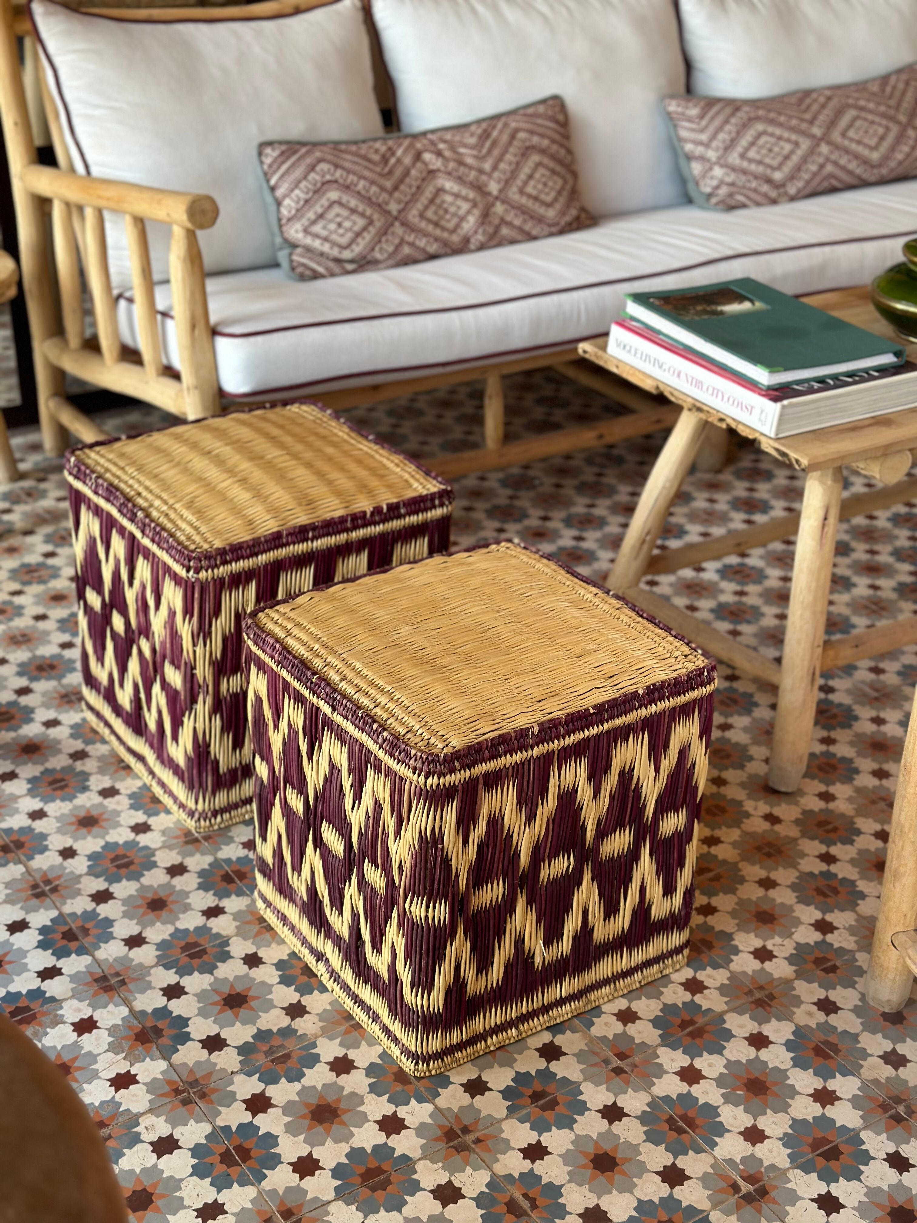 Set of two pouf seat cube rattan wicker graphic ikat red burgundy purple magenta
