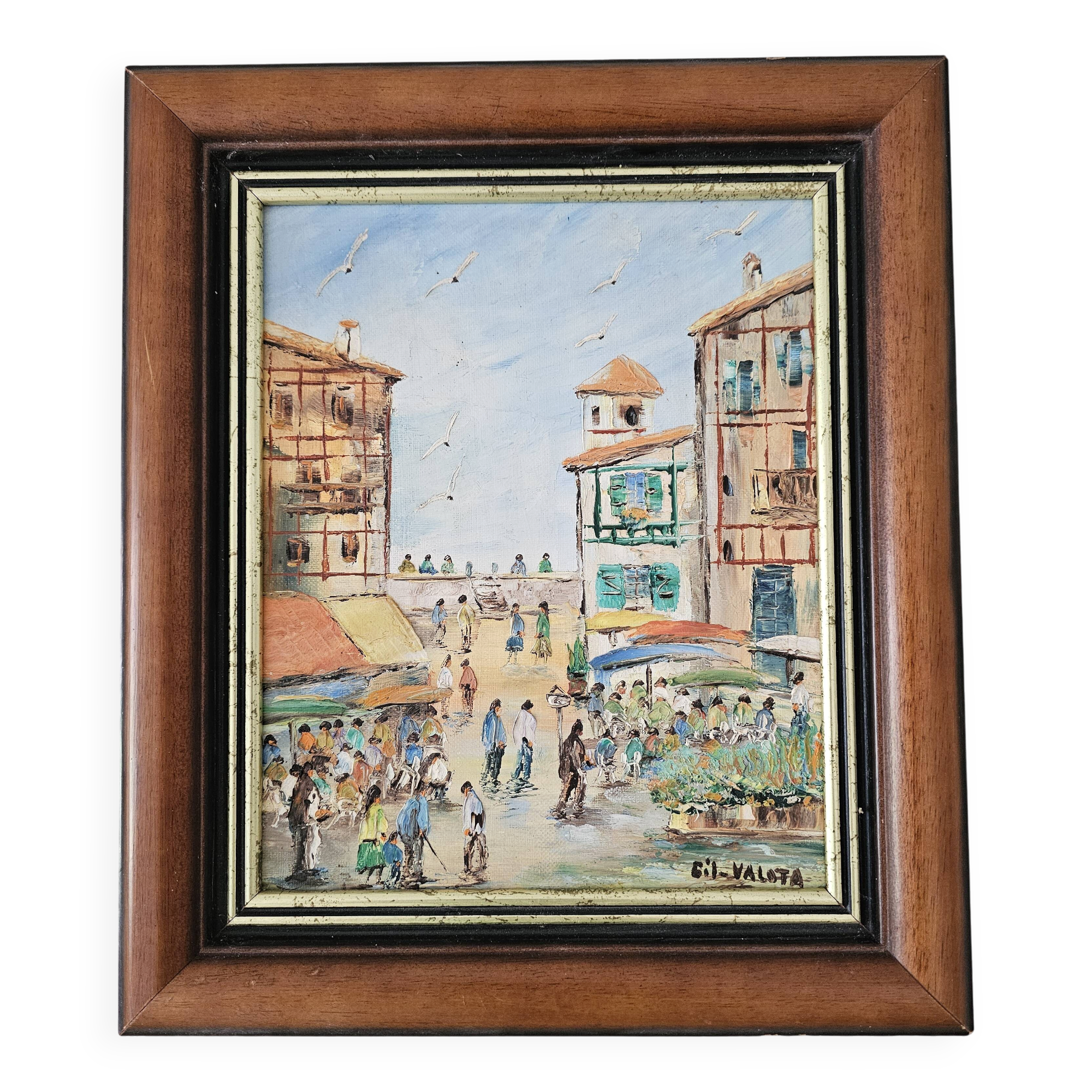 Oil Painting on Canvas Saint Jean de Luz Rue de la République signed Gil Va