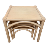 Three stackable rattan and bamboo Maugrion coffee tables