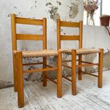 Pair of straw and pine chairs, mountain furniture