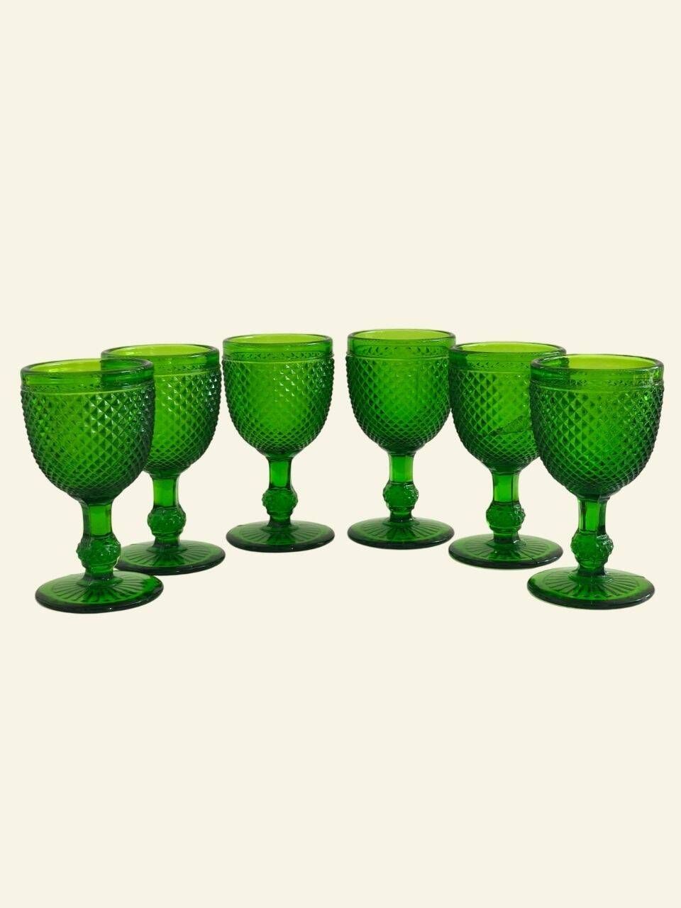 Six green glass wine glasses, Marinha Grande (IVIMA), diamond point.